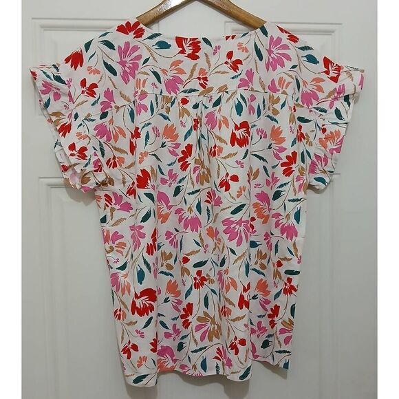 Ann Taylor womens large linen viscose red pink floral shirt flutter sleeve top - Picture 4 of 8